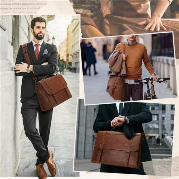 Mens Leather Messenger Bag 17 Inch Laptop Briefcase Waterproof Business Travel - Picture 6 of 7